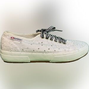 New Superga Women's White Eyelet Sneakers with Black Gingham Laces
